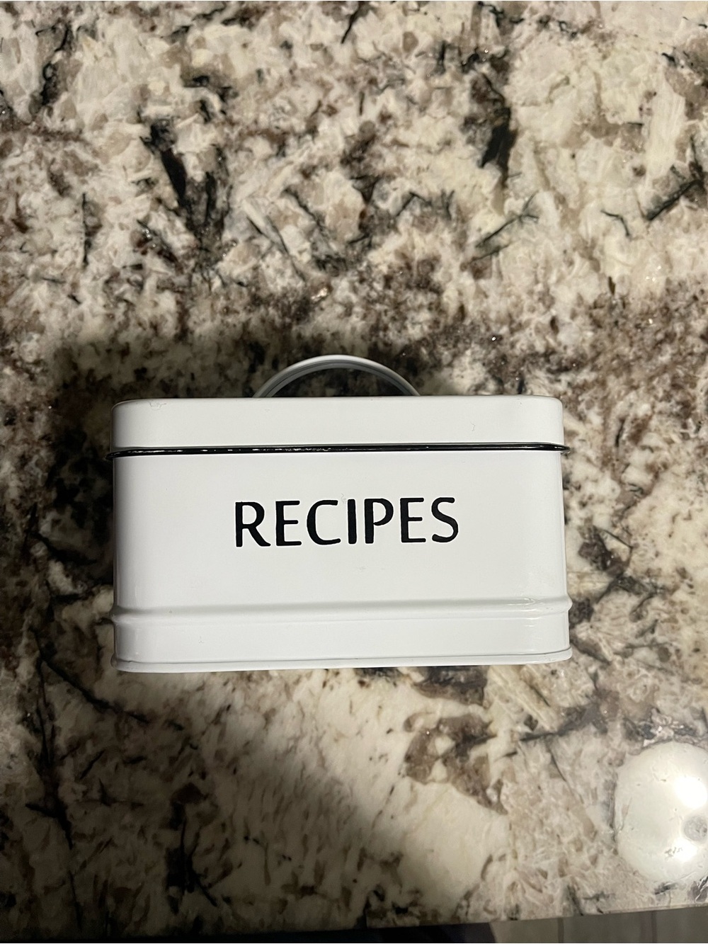 White metal Recipe box Holder with Pink Recipe Cards inside